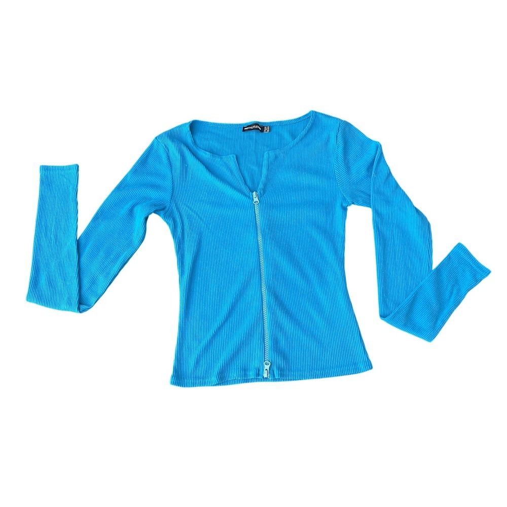 PrettyLittleThing Blue Ribbed Long Sleeve Double Zip Front Top USA 10 (1159)